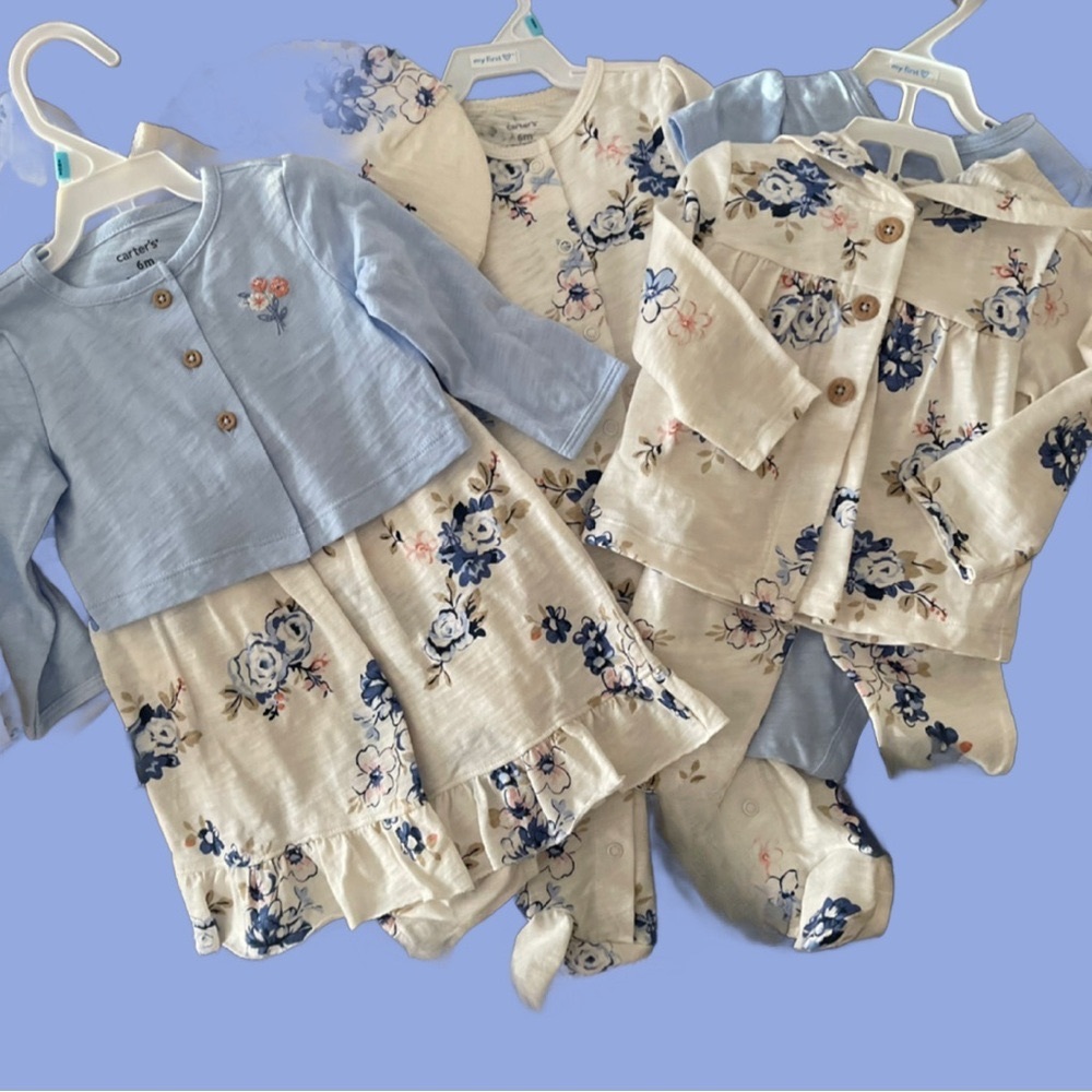 NWT Carters 7pc WARDROBE Dress 2 Onesies Sweater Hoodie Hat Pants Blue 6m